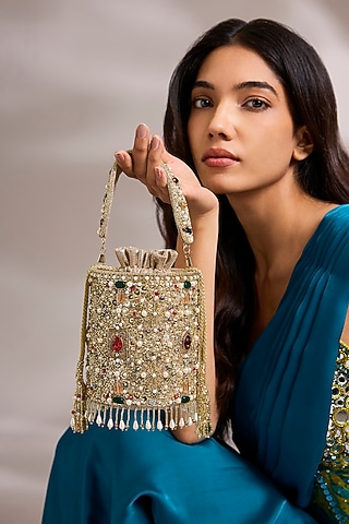 Gold Suede Velvet Bucket Bag by BEAU MONDE