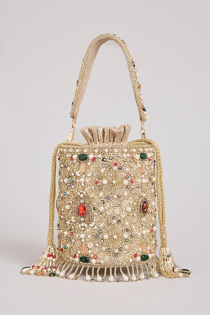 Gold Suede Velvet Bucket Bag by BEAU MONDE at Pernia's Pop Up Shop