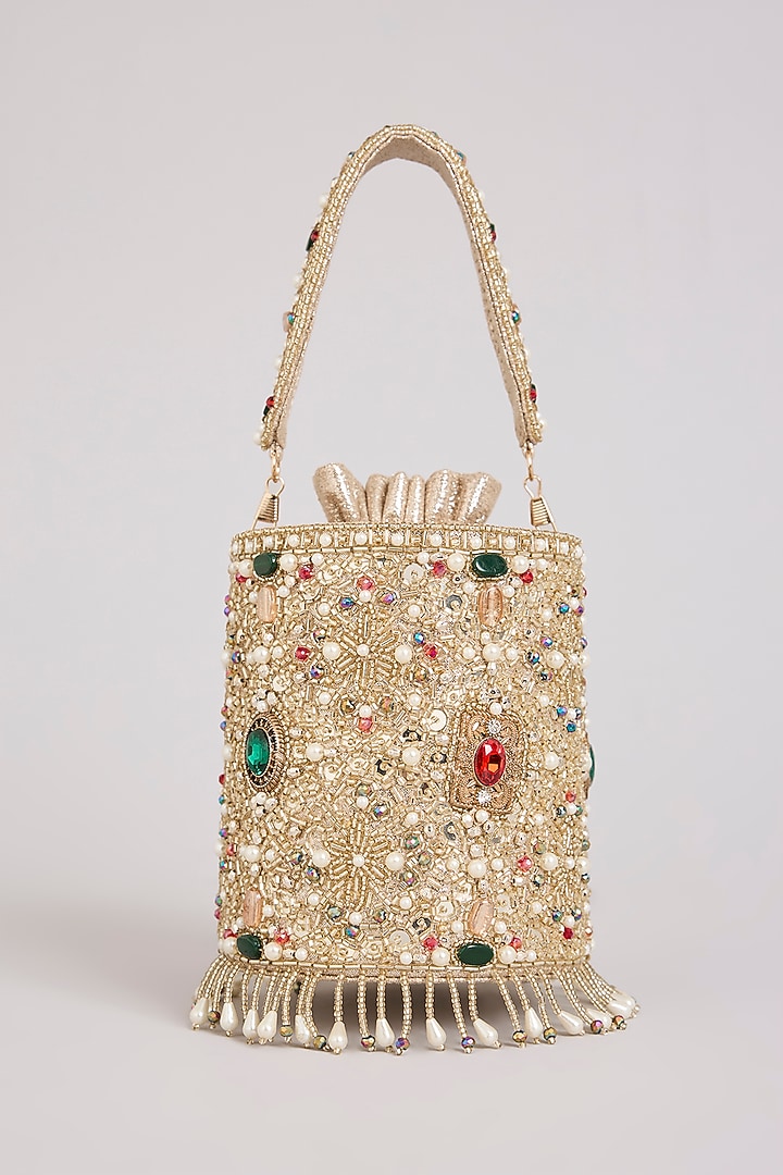 Gold Suede Velvet Bucket Bag by BEAU MONDE at Pernia's Pop Up Shop