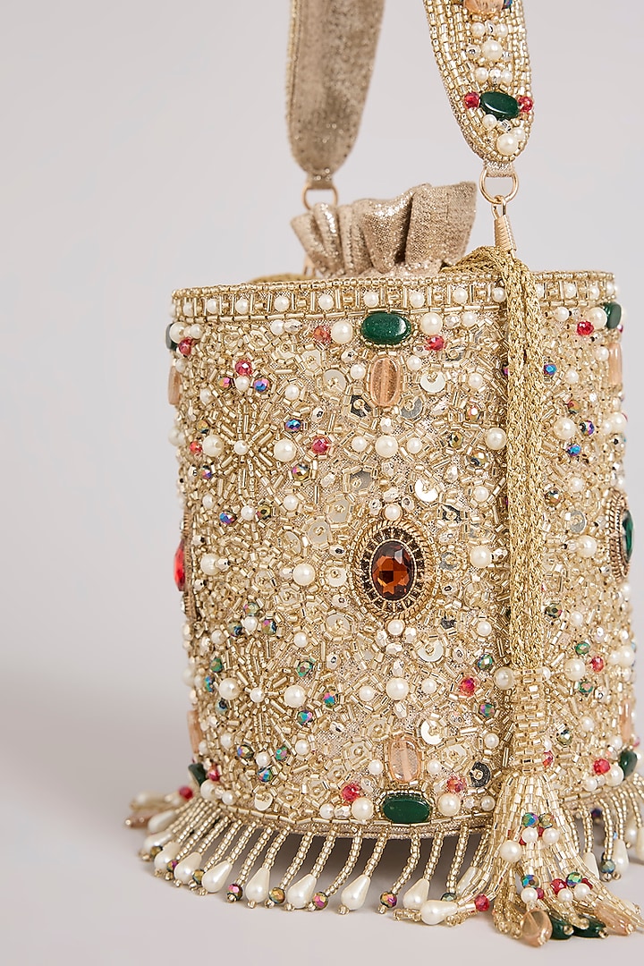 Gold Suede Velvet Bucket Bag by BEAU MONDE at Pernia's Pop Up Shop