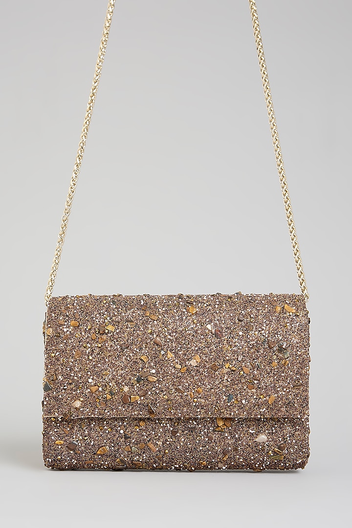 Bronze Gold Faux Leather & Satin Clutch by BEAU MONDE at Pernia's Pop Up Shop