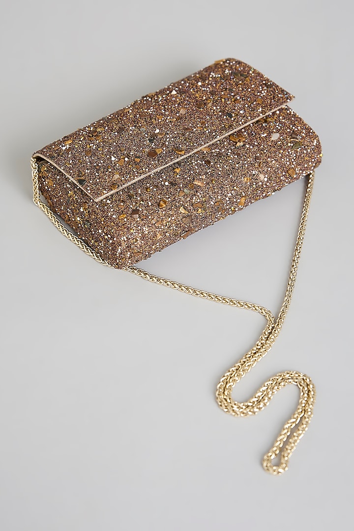 Bronze Gold Faux Leather & Satin Clutch by BEAU MONDE at Pernia's Pop Up Shop