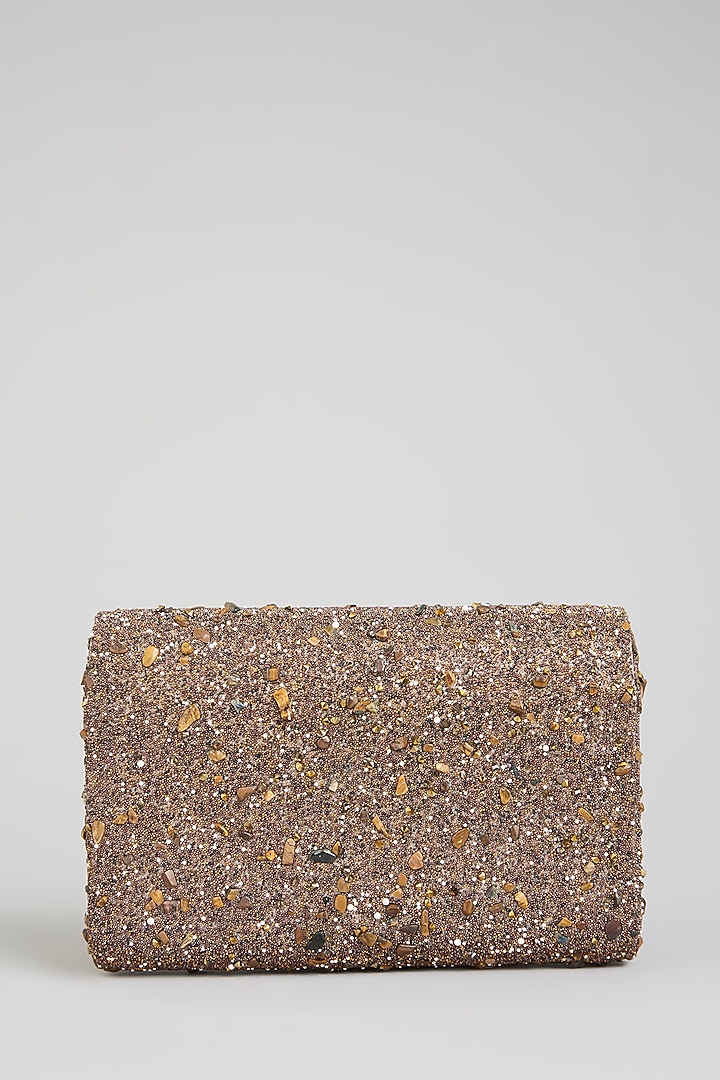 Bronze Gold Faux Leather & Satin Clutch by BEAU MONDE at Pernia's Pop Up Shop