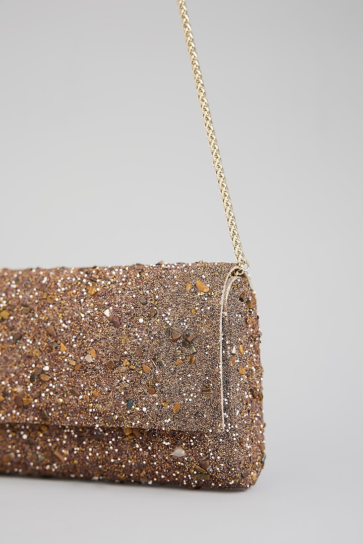 Bronze Gold Faux Leather & Satin Clutch by BEAU MONDE at Pernia's Pop Up Shop