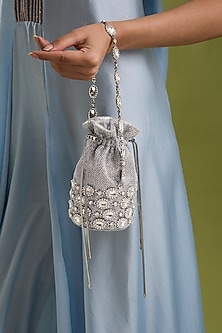 Silver Vegan Leather & Satin Potli by BEAU MONDE-POPULAR PRODUCTS AT STORE