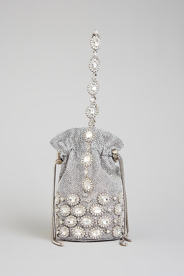 Silver Vegan Leather & Satin Potli by BEAU MONDE at Pernia's Pop Up Shop