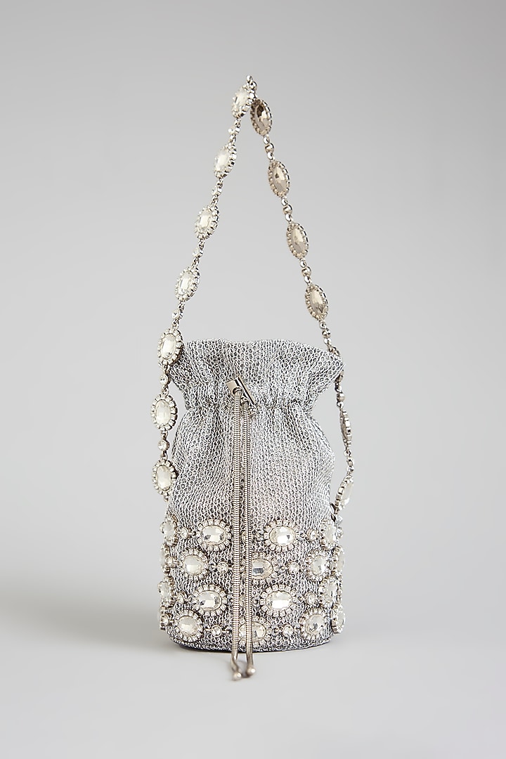 Silver Vegan Leather & Satin Potli by BEAU MONDE at Pernia's Pop Up Shop