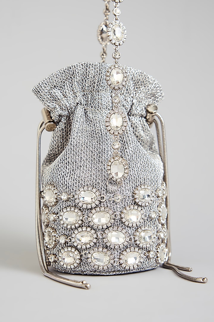 Silver Vegan Leather & Satin Potli by BEAU MONDE at Pernia's Pop Up Shop