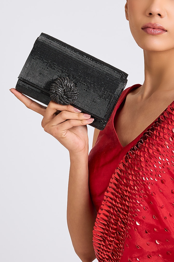 Black Faux Leather & Satin Clutch by BEAU MONDE at Pernia's Pop Up Shop
