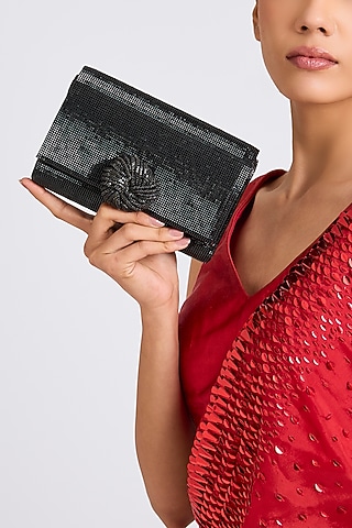 Black Faux Leather & Satin Clutch by BEAU MONDE
