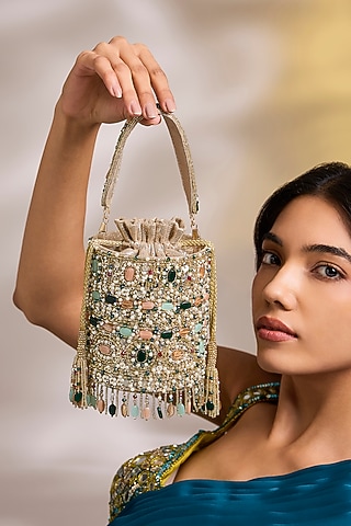 Gold  Suede Velvet Bucket Bag by BEAU MONDE