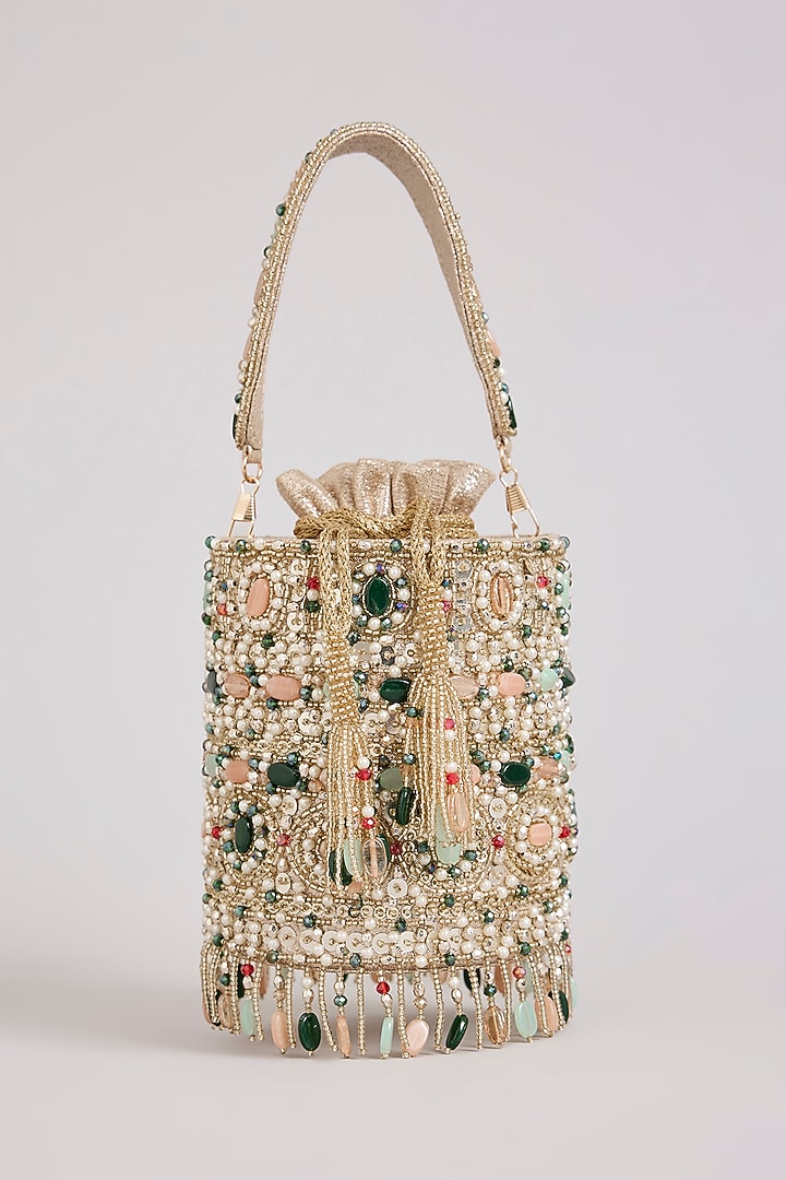 Gold  Suede Velvet Bucket Bag by BEAU MONDE at Pernia's Pop Up Shop