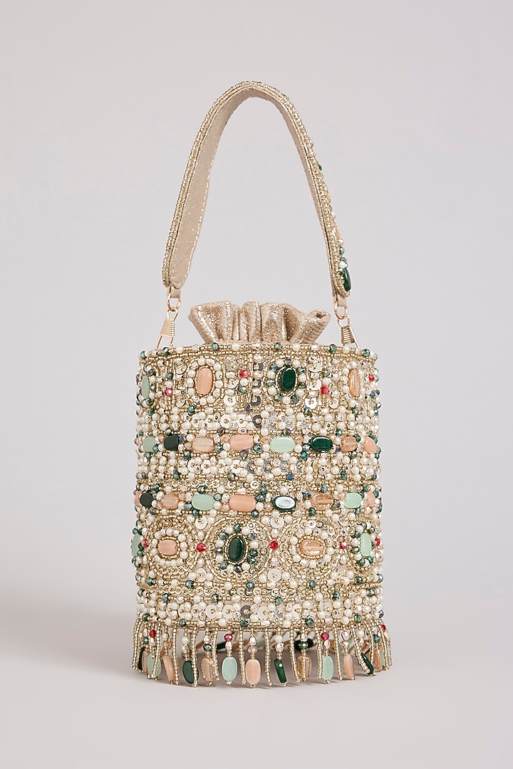Gold  Suede Velvet Bucket Bag by BEAU MONDE at Pernia's Pop Up Shop