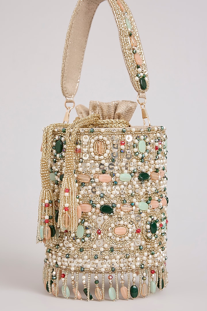 Gold  Suede Velvet Bucket Bag by BEAU MONDE at Pernia's Pop Up Shop