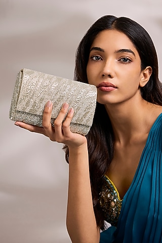 Silver Shimmer Faux Leather Clutch by BEAU MONDE