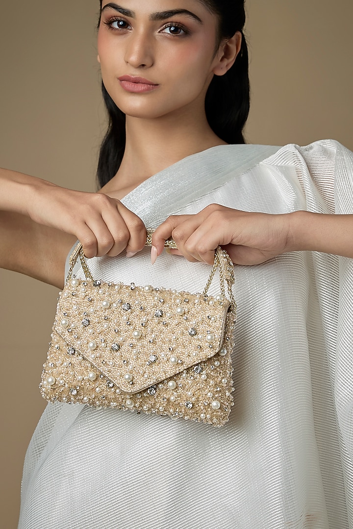 Champagne Satin & Vegan Leather Bag by BEAU MONDE at Pernia's Pop Up Shop