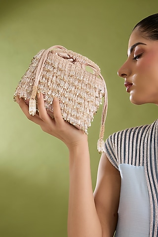 Silver-Gold Suede & Silk Bag by BEAU MONDE