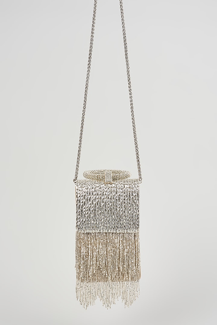 Silver Vegan Leather Embroidered Clutch by BEAU MONDE at Pernia's Pop Up Shop