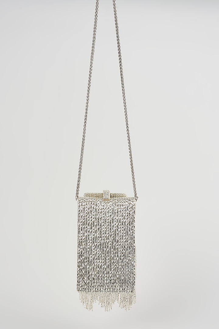 Silver Vegan Leather Embroidered Clutch by BEAU MONDE at Pernia's Pop Up Shop