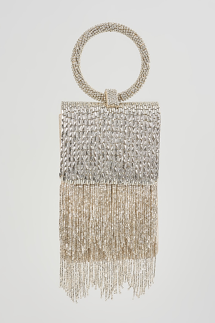 Silver Vegan Leather Embroidered Clutch by BEAU MONDE at Pernia's Pop Up Shop