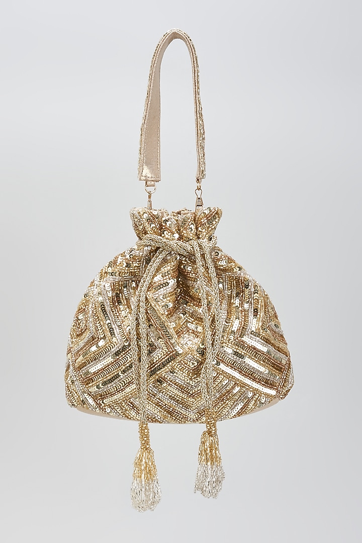 Champagne Gold Faux Leather Sequins Embroidered Handcrafted Potli by BEAU MONDE at Pernia's Pop Up Shop