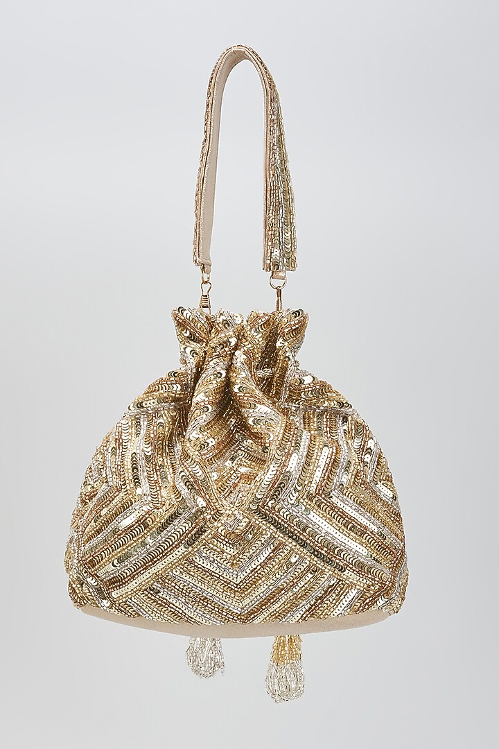 Champagne Gold Faux Leather Sequins Embroidered Handcrafted Potli by BEAU MONDE at Pernia's Pop Up Shop