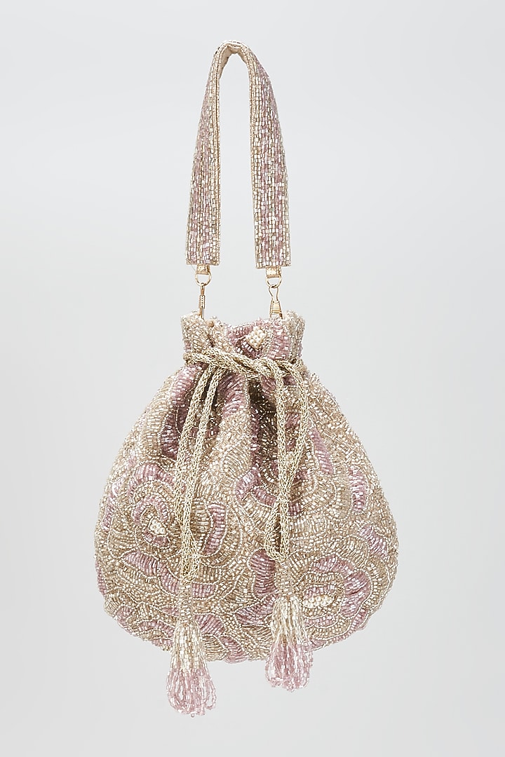Silver Faux Leather Crystal Embroidered Handcrafted Potli by BEAU MONDE at Pernia's Pop Up Shop