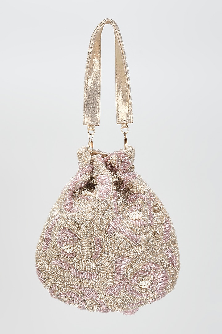 Silver Faux Leather Crystal Embroidered Handcrafted Potli by BEAU MONDE at Pernia's Pop Up Shop