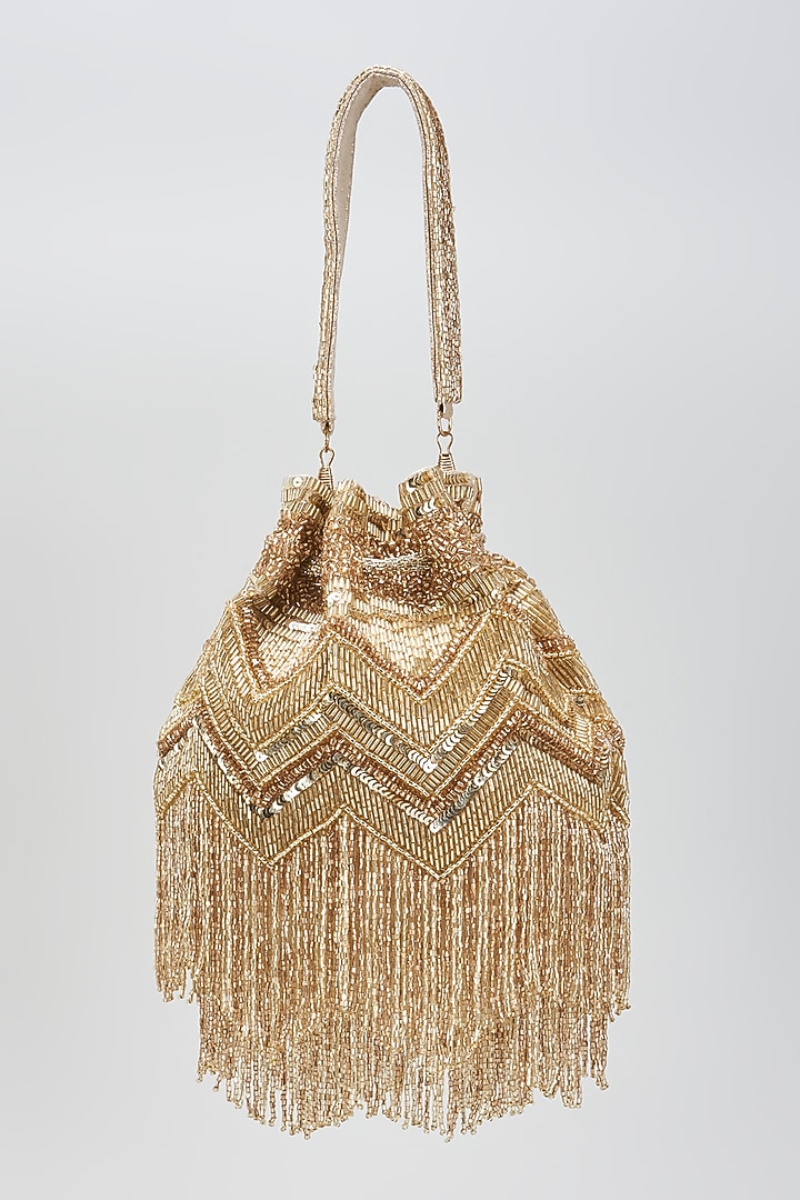 Gold Faux Leather Sequins & Crystal Embroidered Handcrafted Potli by BEAU MONDE at Pernia's Pop Up Shop