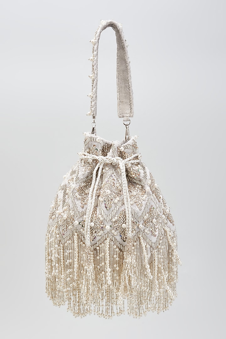 Silver Velvet Pearl & Tassels Embroidered Handcrafted Potli by BEAU MONDE at Pernia's Pop Up Shop