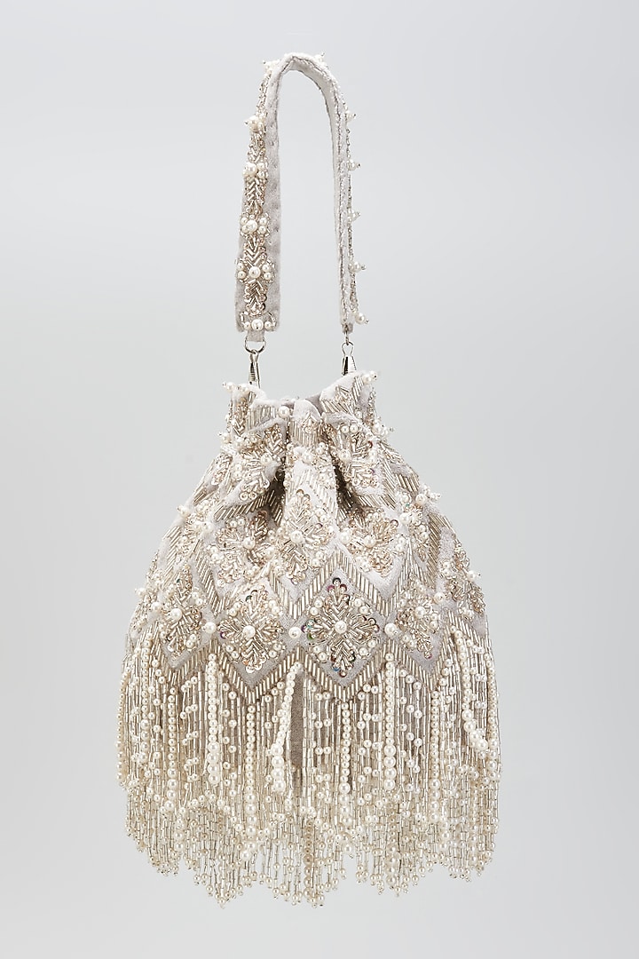 Silver Velvet Pearl & Tassels Embroidered Handcrafted Potli by BEAU MONDE at Pernia's Pop Up Shop