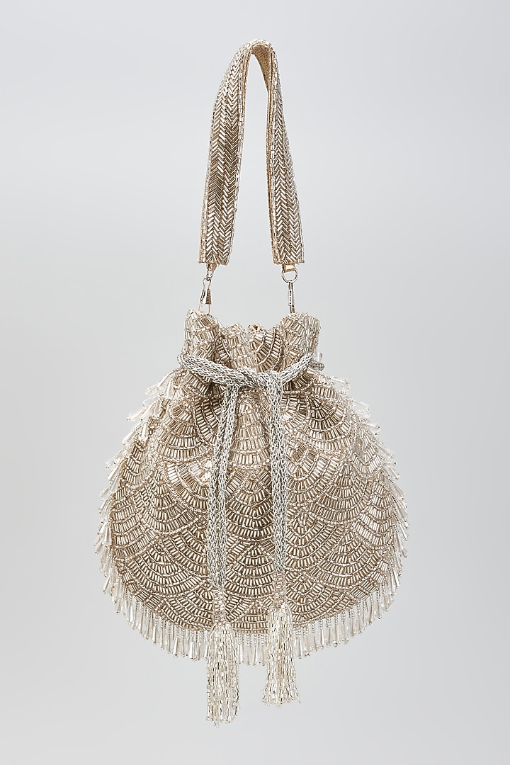 Silver Faux Leather Crystal Embroidered Handcrafted Potli by BEAU MONDE at Pernia's Pop Up Shop