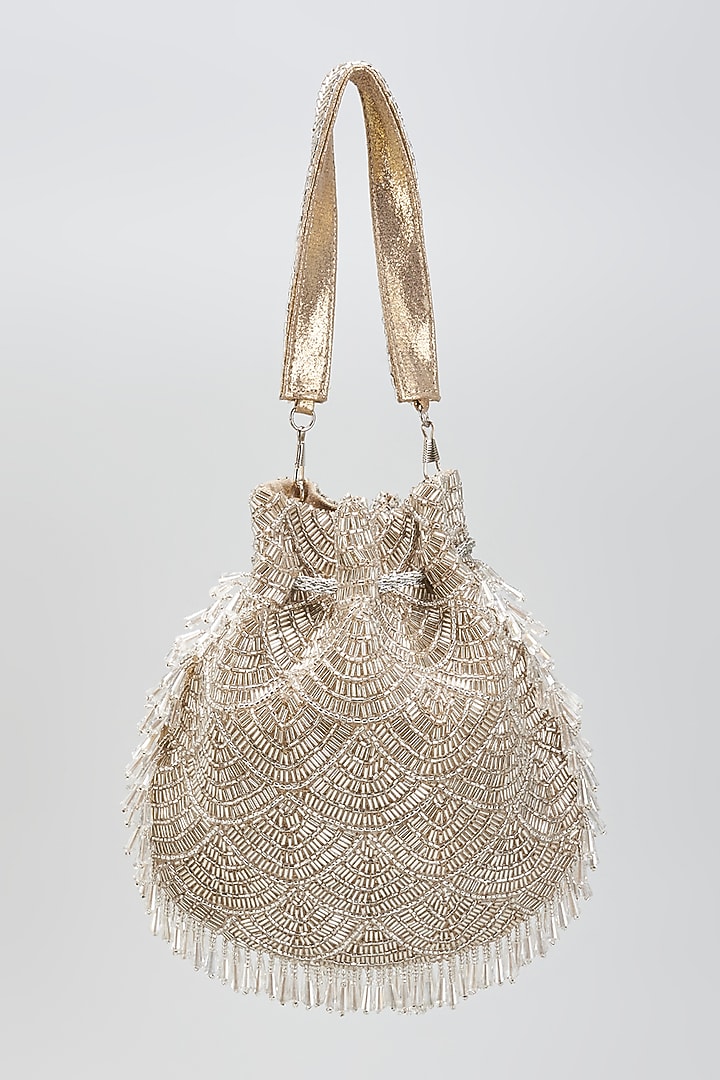 Silver Faux Leather Crystal Embroidered Handcrafted Potli by BEAU MONDE at Pernia's Pop Up Shop