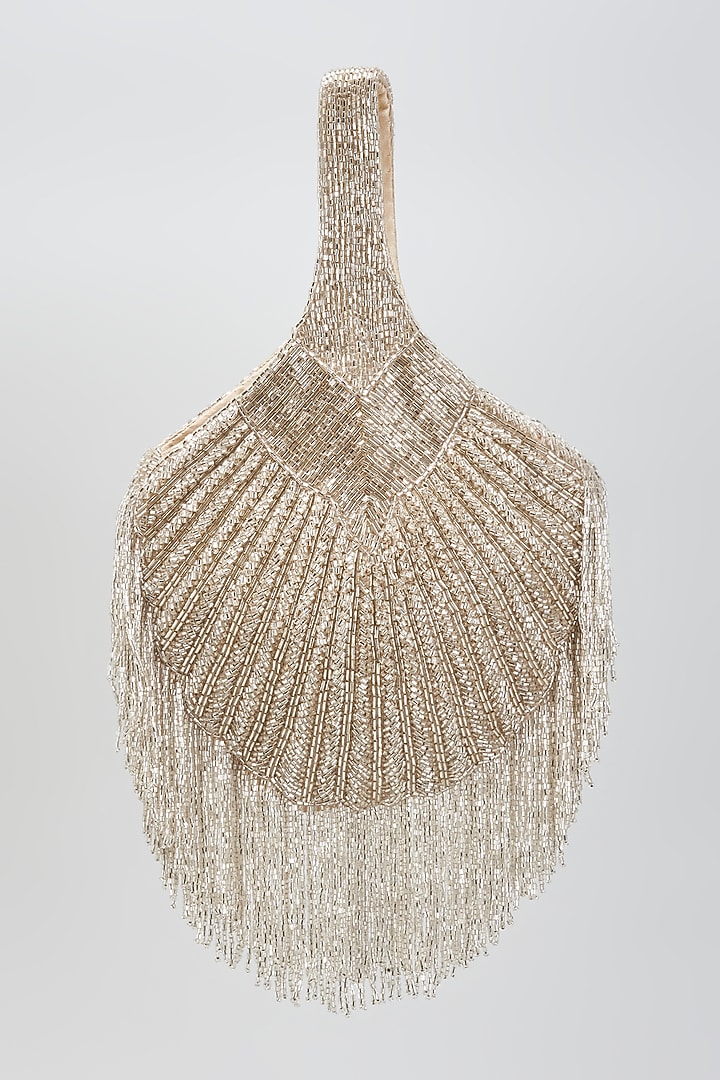 Silver Faux Leather Tassels & Crystal Embroidered Handcrafted Potli by BEAU MONDE at Pernia's Pop Up Shop
