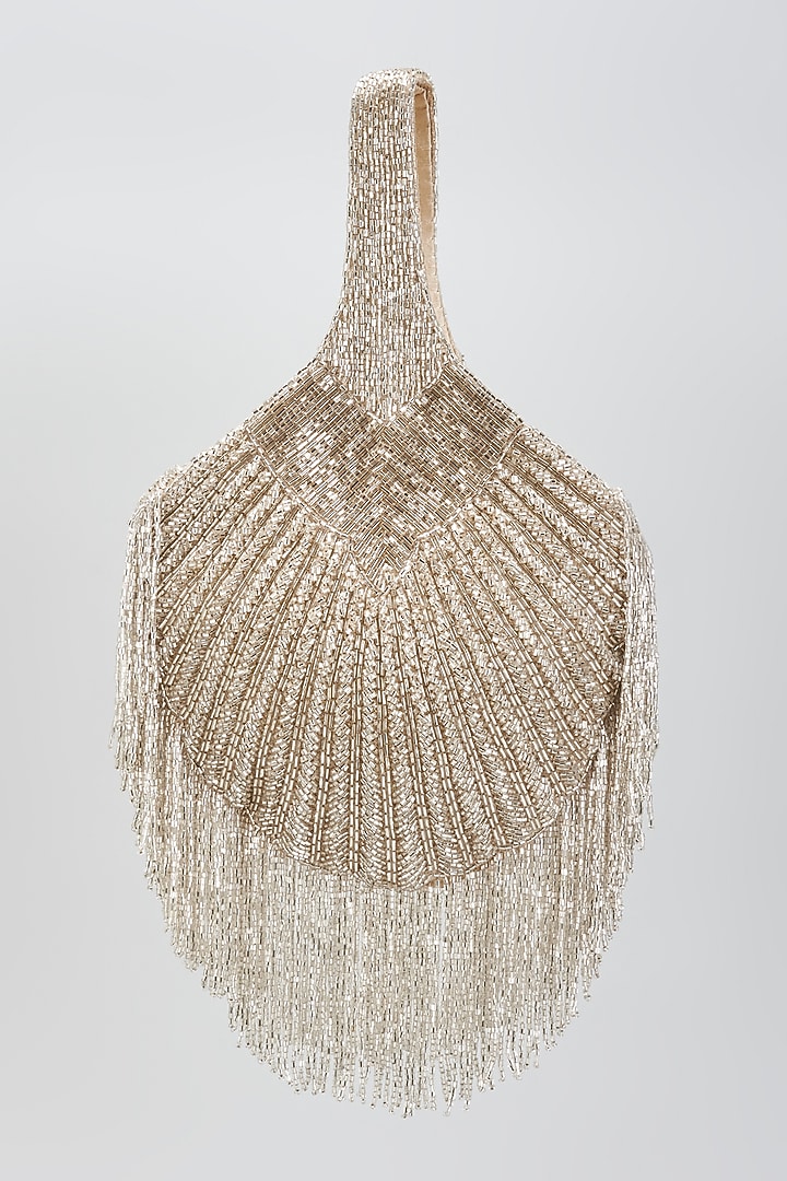 Silver Faux Leather Tassels & Crystal Embroidered Handcrafted Potli by BEAU MONDE at Pernia's Pop Up Shop