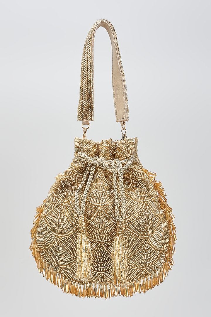 Gold Faux Leather Sequins & Crystal Embroidered Handcrafted Potli by BEAU MONDE at Pernia's Pop Up Shop