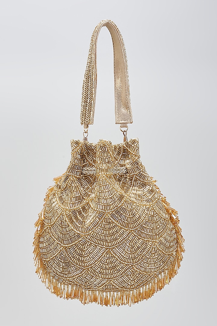 Gold Faux Leather Sequins & Crystal Embroidered Handcrafted Potli by BEAU MONDE at Pernia's Pop Up Shop
