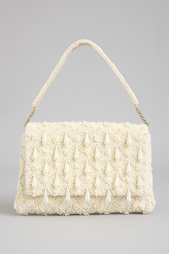 Ivory Shimmer Faux Leather Embroidered Clutch by BEAU MONDE at Pernia's Pop Up Shop