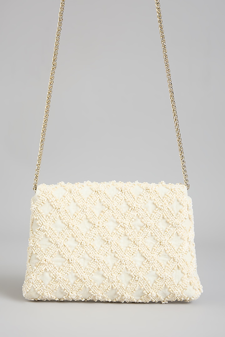 Ivory Shimmer Faux Leather Embroidered Clutch by BEAU MONDE at Pernia's Pop Up Shop