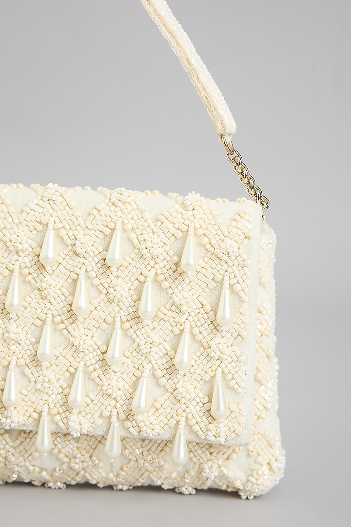 Ivory Shimmer Faux Leather Embroidered Clutch by BEAU MONDE at Pernia's Pop Up Shop