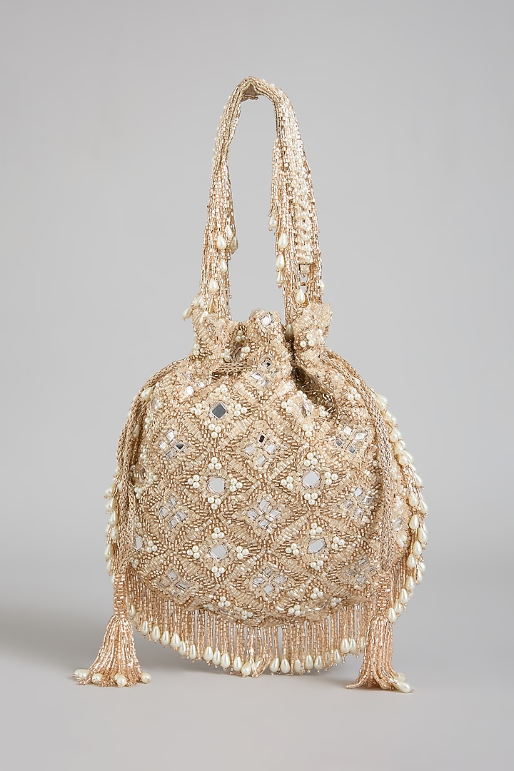 Rose Gold Shimmer Faux Leather Embroidered Potli Bag by BEAU MONDE at Pernia's Pop Up Shop