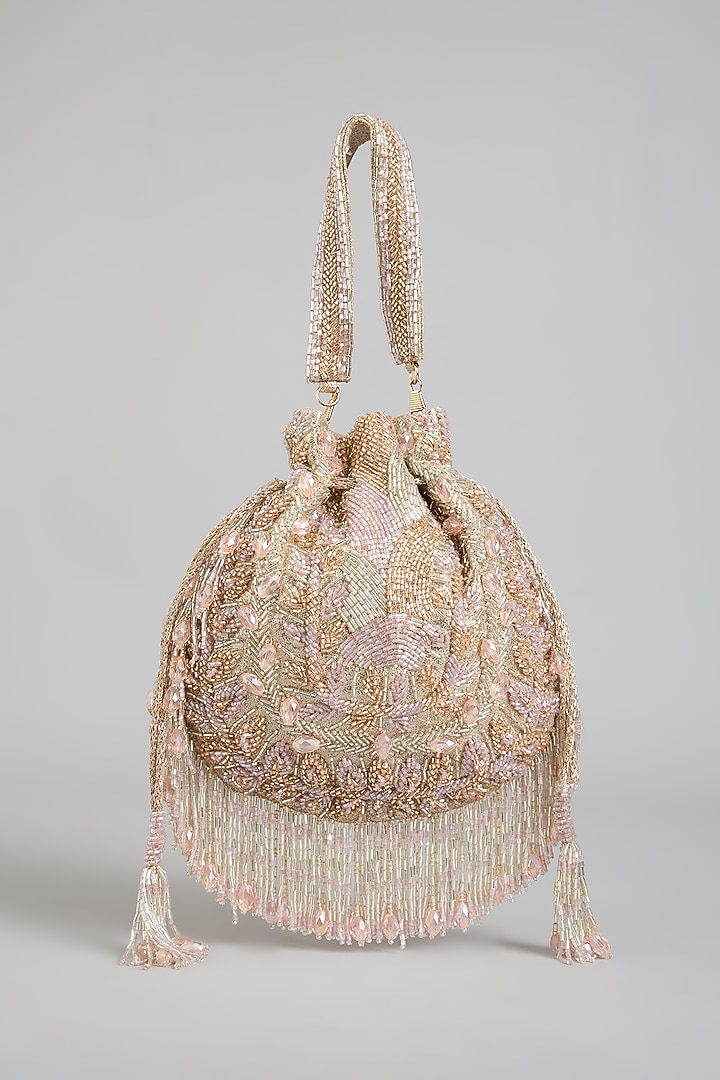 Rose Gold Shimmer Faux Leather Embroidered Potli Bag by BEAU MONDE at Pernia's Pop Up Shop