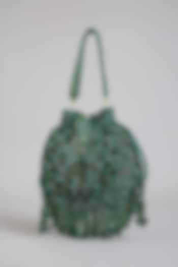 Emerald Green Shimmer Faux Leather Embroidered Potli Bag by BEAU MONDE at Pernia's Pop Up Shop