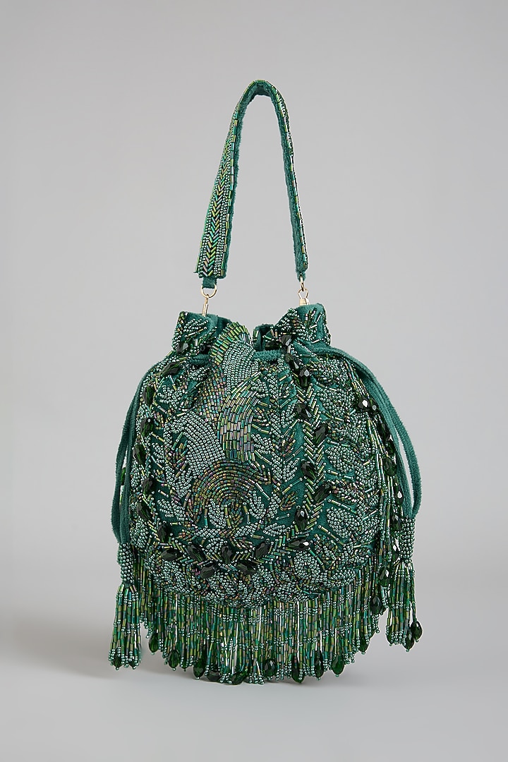 Emerald Green Shimmer Faux Leather Embroidered Potli Bag by BEAU MONDE at Pernia's Pop Up Shop