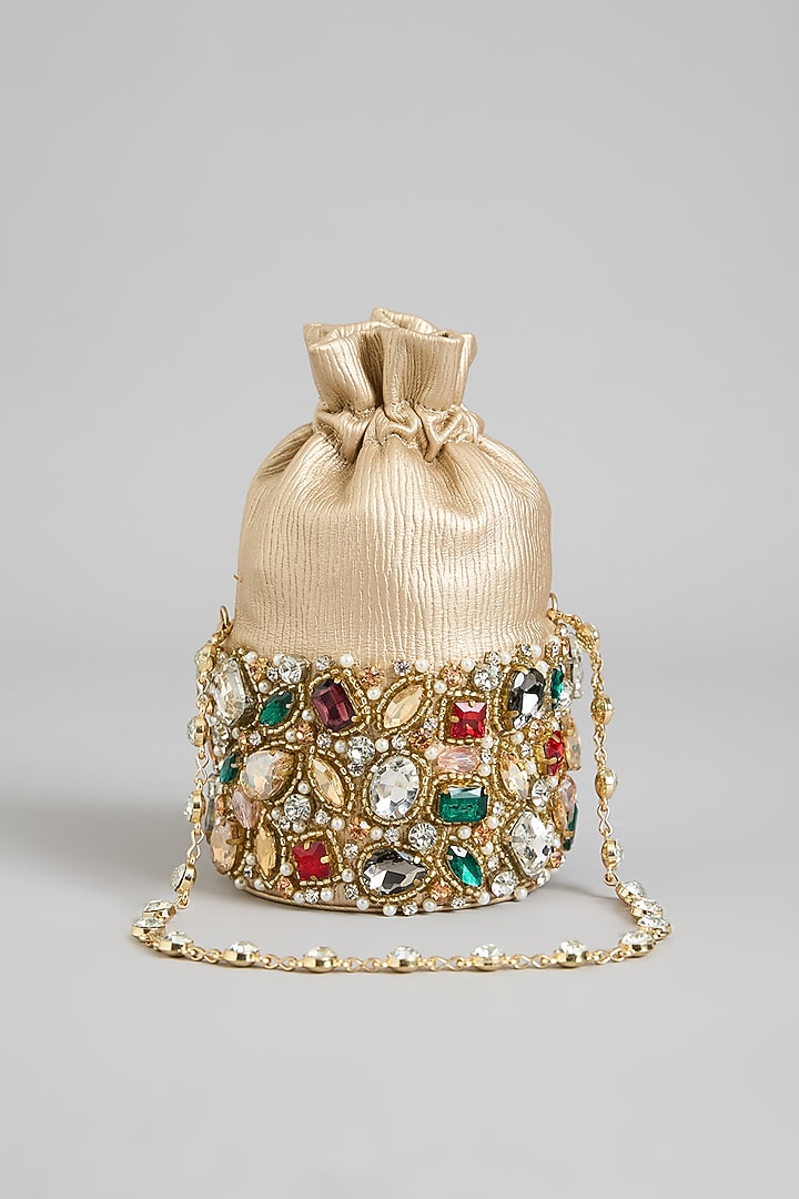 Multi-Colored Shimmer Faux Leather Embroidered Potli Bag by BEAU MONDE at Pernia's Pop Up Shop