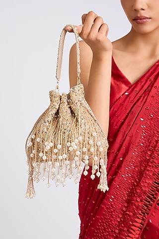 Rose Gold Velvet & Satin Embellished Potli by BEAU MONDE