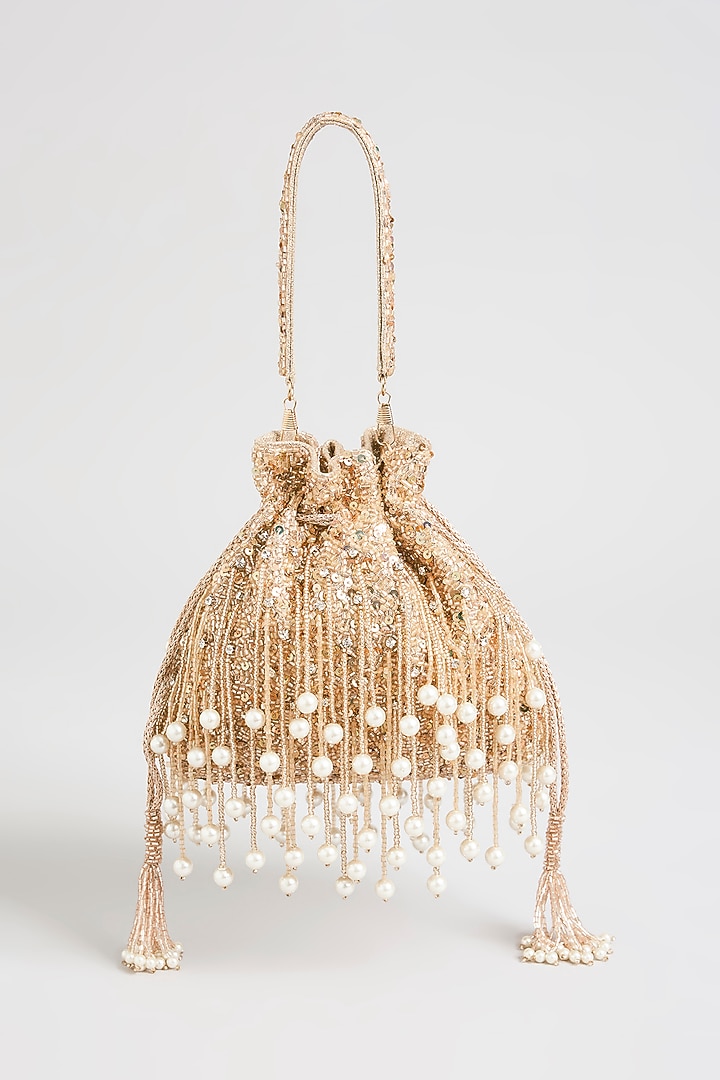 Rose Gold Velvet & Satin Embellished Potli by BEAU MONDE at Pernia's Pop Up Shop