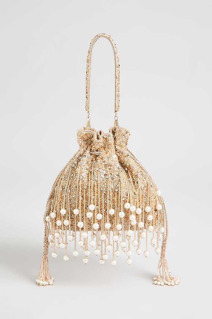 Rose Gold Velvet & Satin Embellished Potli by BEAU MONDE at Pernia's Pop Up Shop