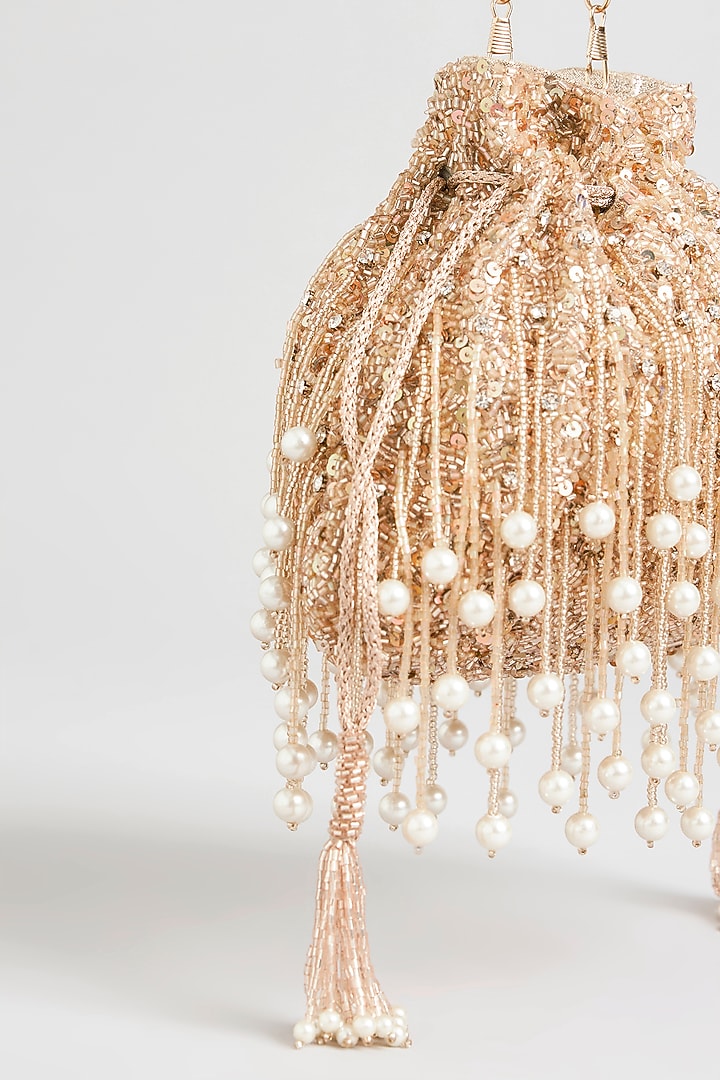 Rose Gold Velvet & Satin Embellished Potli by BEAU MONDE at Pernia's Pop Up Shop