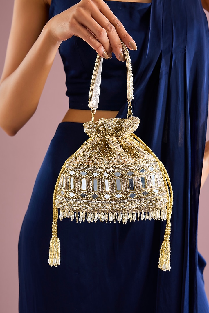 Gold Satin & Velvet Potli by BEAU MONDE at Pernia's Pop Up Shop